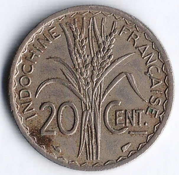 Монета 20 сантимов. 1939(a) год, Французский Индокитай.
