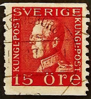 Почтовая марка (15 ö.). "Король Густав V". 1934 год, Швеция.