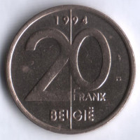 Монета 20 франков. 1994 год, Бельгия (Belgie).