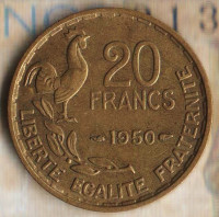 Монета 20 франков. 1950 год, Франция. 3 пера (Georges Guiraud).
