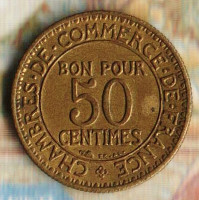 Монета 50 сантимов. 1925 год, Франция.