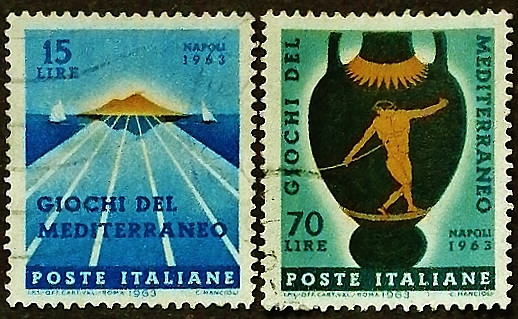 Набор почтовых марок (2 шт.). "Средиземноморские игры". 1963 год, Италия.