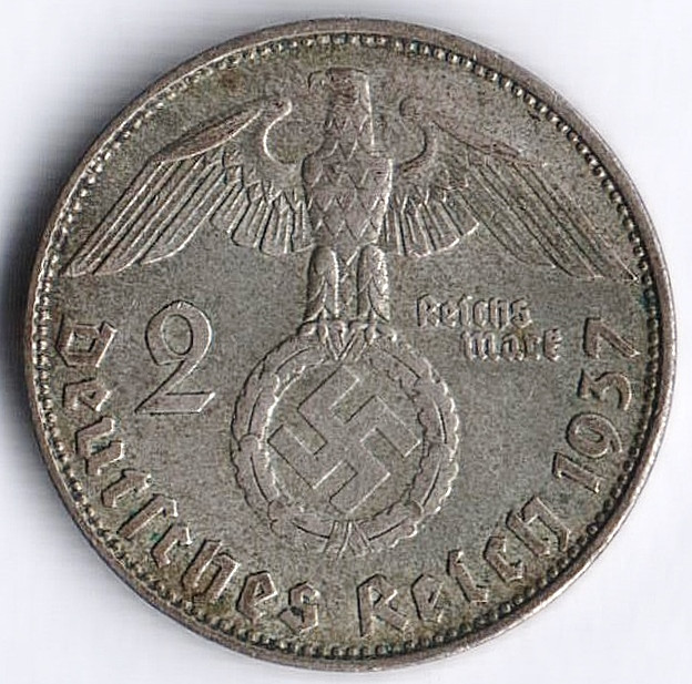 Монета 2 рейхсмарки. 1937 год (D), Третий Рейх.