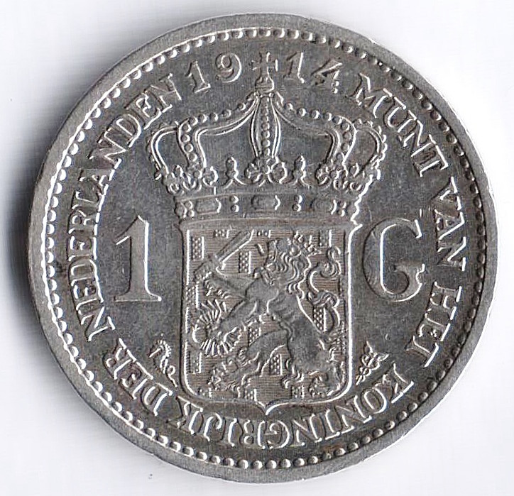 Монета 1 гульден. 1914 год, Нидерланды.