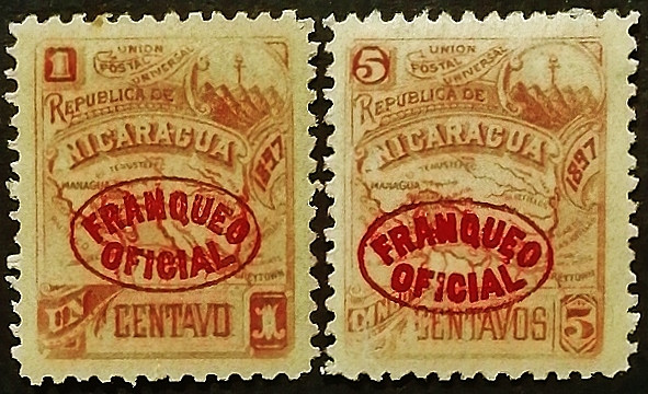 Набор марок служебных (2 шт.). "Карта Никарагуа ("FRANQUEO OFICIAL")". 1897 год, Никарагуа.