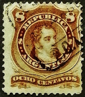 Почтовая марка (8 c.). "Бернардино Ривадавия". 1880 год, Аргентина.