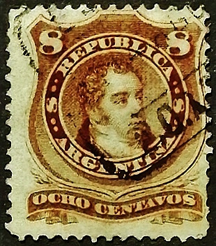 Почтовая марка (8 c.). "Бернардино Ривадавия". 1880 год, Аргентина.