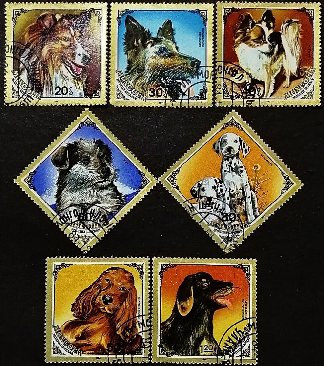 Набор почтовых марок (7 шт.). "Собаки". 1984 год, Монголия.