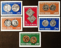 Набор почтовых марок (6 шт.). "Старые монеты". 1970 год, Румыния.