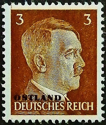 Марка почтовая (3 rpf.). "Адольф Гитлер «OSTLAND»". 1941 год, СССР (Германская оккупация в ВОВ).