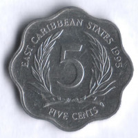 Монета 5 центов. 1995 год, Восточно-Карибские государства.