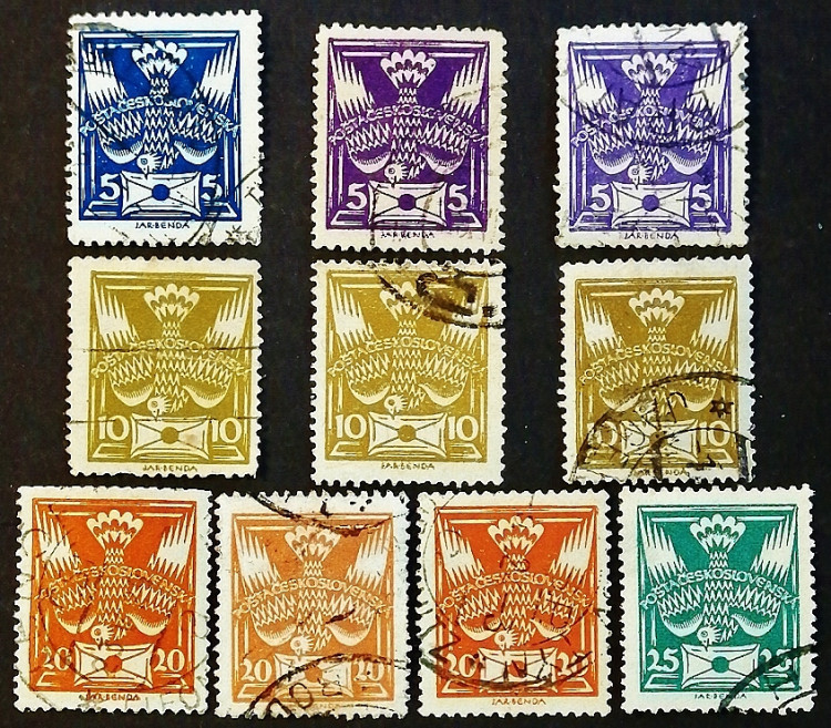 Набор почтовых марок (10 шт.). "Голубь". 1920-1921 год, Чехословакия.