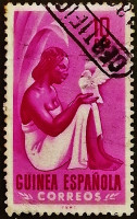Почтовая марка (10 c.). "Женщина и голубь". 1953 год, Испанская Гвинея.