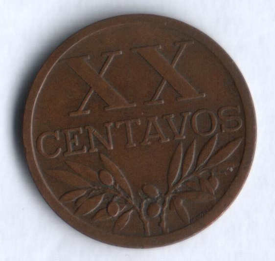 Монета 20 сентаво. 1949 год, Португалия.