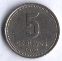 Монета 5 сентаво. 1993 год, Аргентина. Тип I.