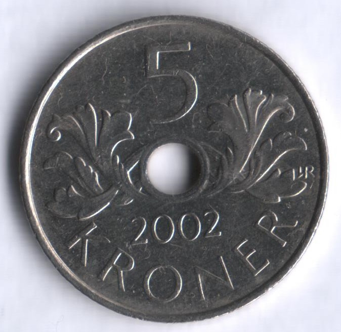 Монета 5 крон. 2002 год, Норвегия.