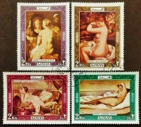 Набор марок (4 шт.) с блоками (2 шт.). "Картины обнажённой натуры". 1969 год, Аджман.