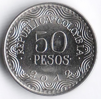 Монета 50 песо. 2012 год, Колумбия. Тип II.