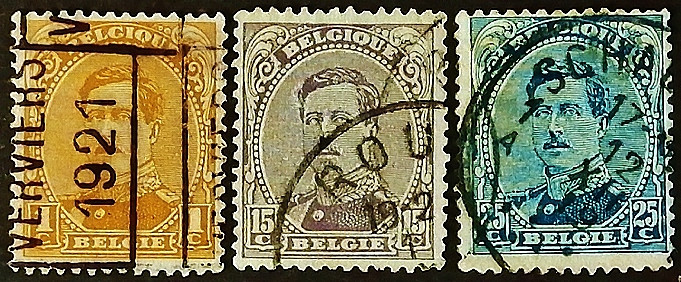 Набор почтовых марок (3 шт.). "Король Альберт I". 1915-1920 годы, Бельгия.