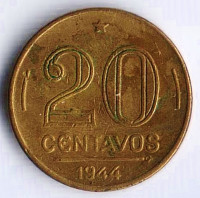 Монета 20 сентаво. 1944 год, Бразилия.