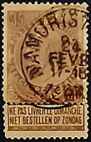 Почтовая марка с этикеткой (35 c.). "Король Леопольд II". 1893 год, Бельгия.