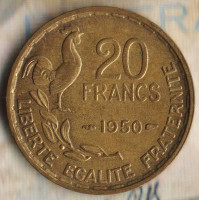 Монета 20 франков. 1950 год, Франция. 3 пера (G. Guiraud).