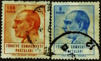 Набор почтовых марок (2 шт.). "Кемаль Ататюрк". 1965 год, Турция.