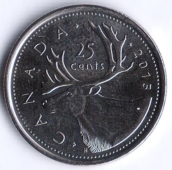 Монета 25 центов. 2015 год, Канада.
