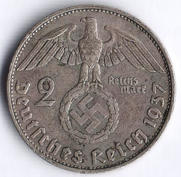 Монета 2 рейхсмарки. 1937 год (G), Третий Рейх.