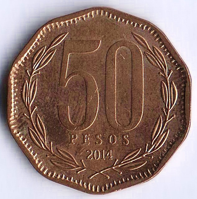 Монета 50 песо. 2014 год, Чили.