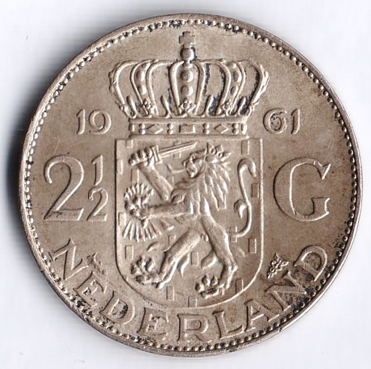 Монета 2-1/2 гульдена. 1961 год, Нидерланды.