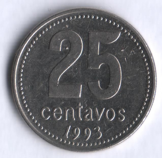 Монета 25 сентаво. 1993 год, Аргентина.