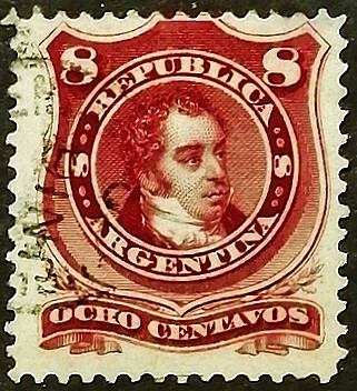 Почтовая марка (8 c.). "Бернардино Ривадавия". 1884 год, Аргентина.