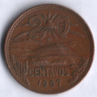 Монета 20 сентаво. 1967 год, Мексика.