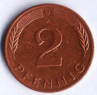Монета 2 пфеннига. 1983(D) год, ФРГ.