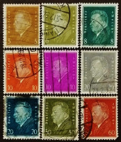 Набор почтовых марок (9 шт.). "Фридрих Эберт - 1-й президент Веймарской республики". 1928-1930 годы, Германия.