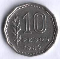 Монета 10 песо. 1965 год, Аргентина.