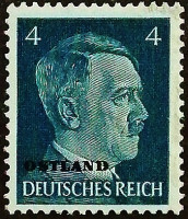 Марка почтовая (4 rpf.). "Адольф Гитлер «OSTLAND»". 1941 год, СССР (Германская оккупация в ВОВ).