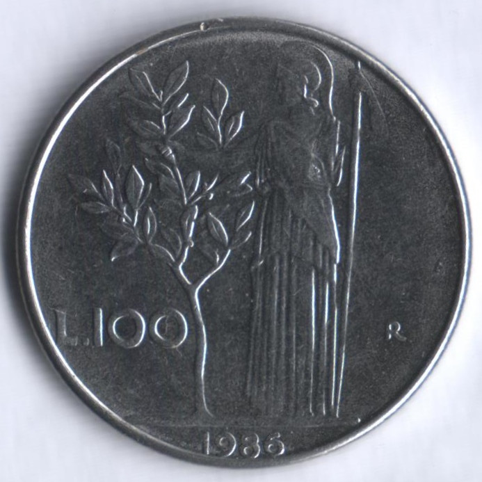 Монета 100 лир. 1986 год, Италия.