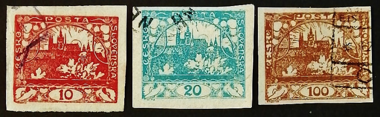 Набор почтовых марок (3 шт.). "Градчаны в Праге". 1918-1919 годы, Чехословакия.
