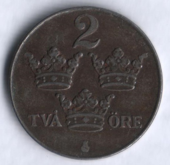 2 эре. 1949 год, Швеция. "9" - удлинённая.