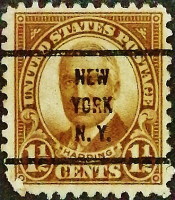 Почтовая марка (1⅟₂ c.). "Уоррен Г. Хардинг". 1930 год, США. Предварительное гашение "NEW/YORK/N.Y.".