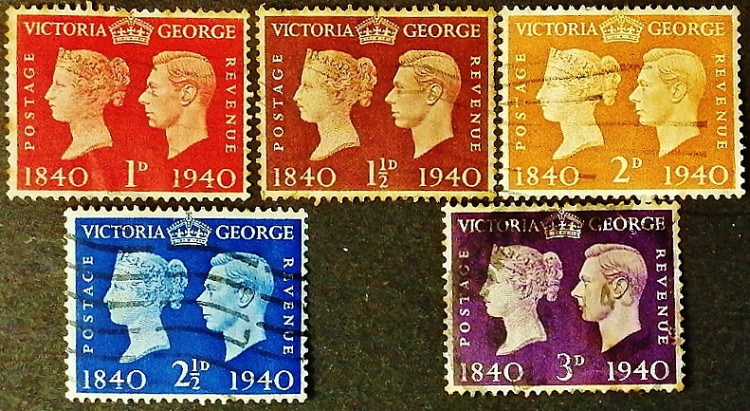 Набор почтовых марок (5 шт.). "Король Георг VI - Столетие почтовой марки". 1940 год, Великобритания.