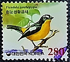 Почтовая марка (280 w.). "Желто-поясная мухоловка". 2002 год, Южная Корея.