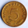 Монета 5 рейхспфеннигов. 1938 год (G), Третий Рейх.