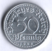 Монета 50 пфеннигов. 1922 год (A), Веймарская республика.