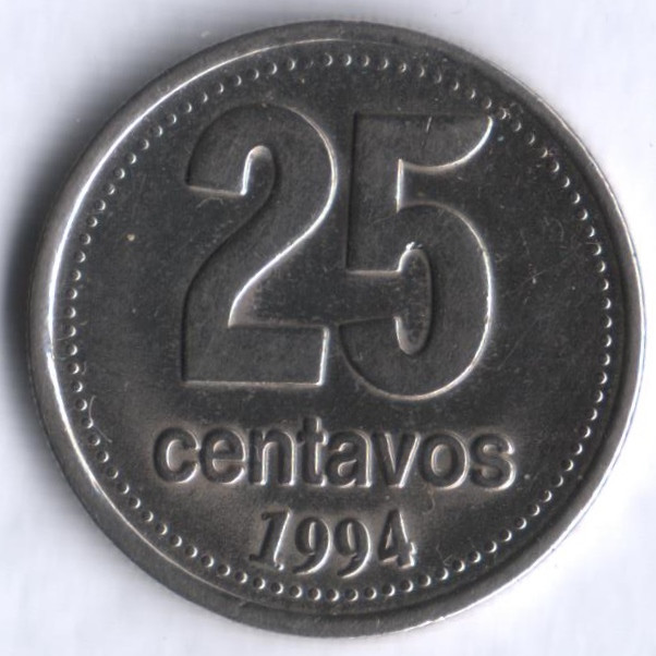 Монета 25 сентаво. 1994 год, Аргентина.