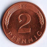 Монета 2 пфеннига. 1983(F) год, ФРГ.