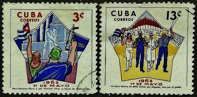 Набор почтовых марок (2 шт.). "Международный день трудящихся". 1963 год, Куба.