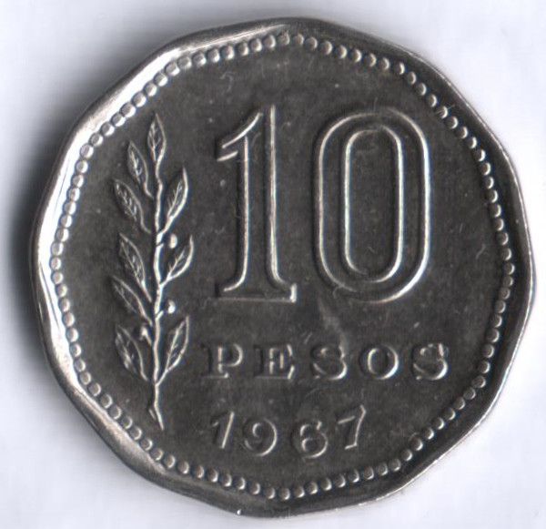 Монета 10 песо. 1967 год, Аргентина.